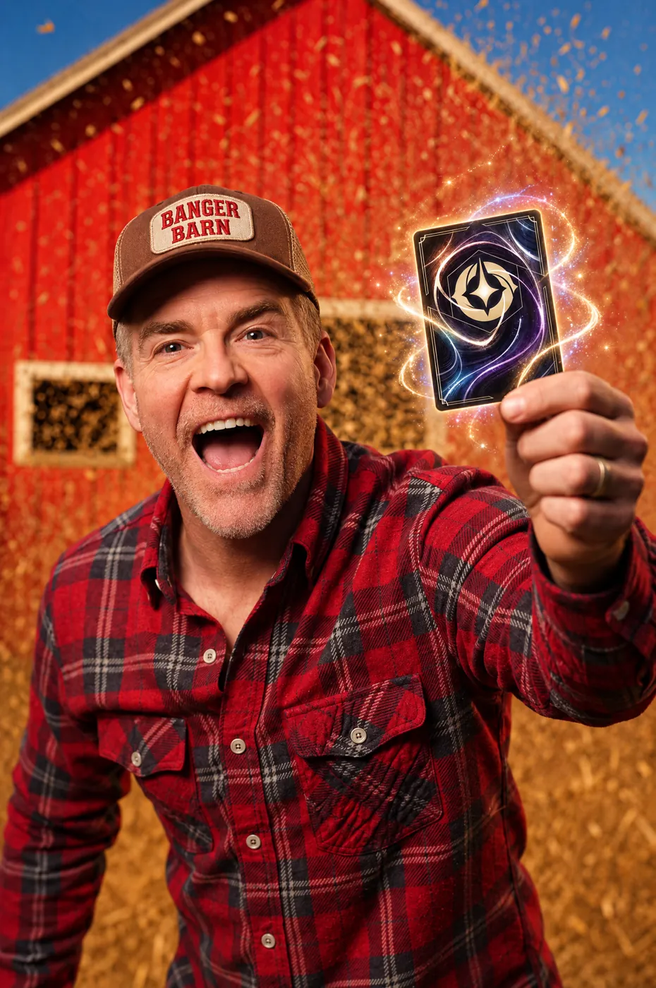 Jon in front of the red barn, holding up the card